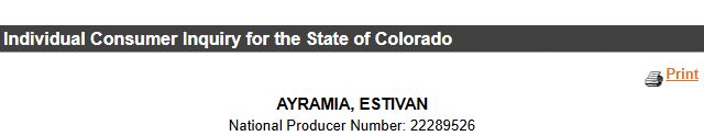 Colorado producer identity for Estivan Ayramia, license 958793