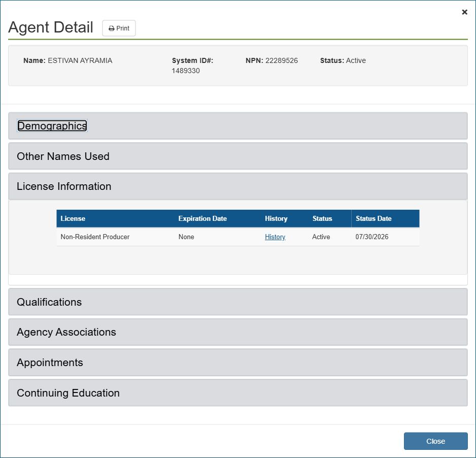 Michigan official license details for Estivan Ayramia, system id 1489330