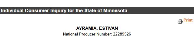 Minnesota producer identity for Estivan Ayramia, license 41051349