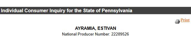 Pennsylvania producer identity for Estivan Ayramia, license 1329348