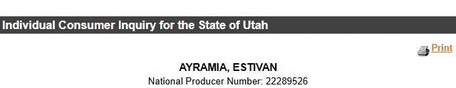 Utah producer identity for Estivan Ayramia, license 1128837